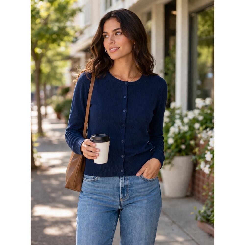 L.K. Bennett of London women’s navy blue silk/cotton cardigan sweater in size S